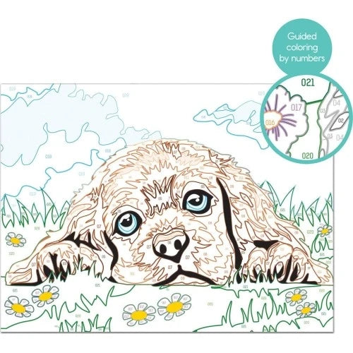 Loving puppy line-art canvas with numbered paint guide circles