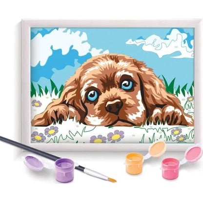 Framed loving puppy picture with paint pots and paintbrush