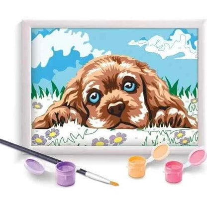 Paint-by-numbers puppy frame scene with paint pots and brush