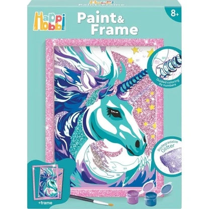 Unicorn paint-by-numbers frame kit with glittery pink frame and rainbow artwork, boxed