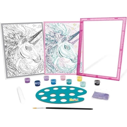 Paint-by-numbers frame kit contents: pink frame, unicorn prints, paint pots, brush, palette