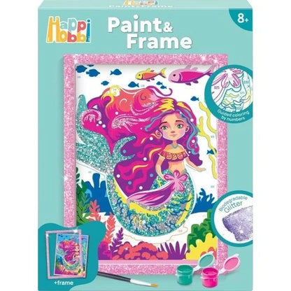 Paint-by-numbers frame kit with glitter mermaid artwork in a pink glitter frame