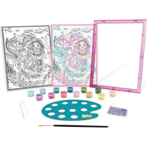 Paint-by-numbers frame kit with unicorn/mermaid outlines, pink frame, paints and brush