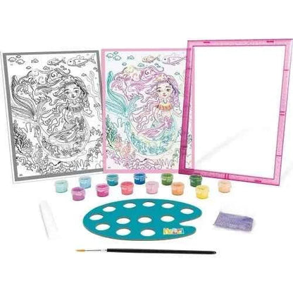 Paint-by-numbers frame kit with unicorn/mermaid outlines, pink frame, paints and brush