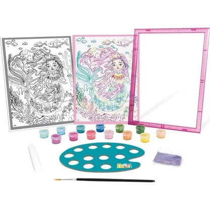 Mermaid paint-by-numbers kit with pink frame, colored paints, brush, and tools