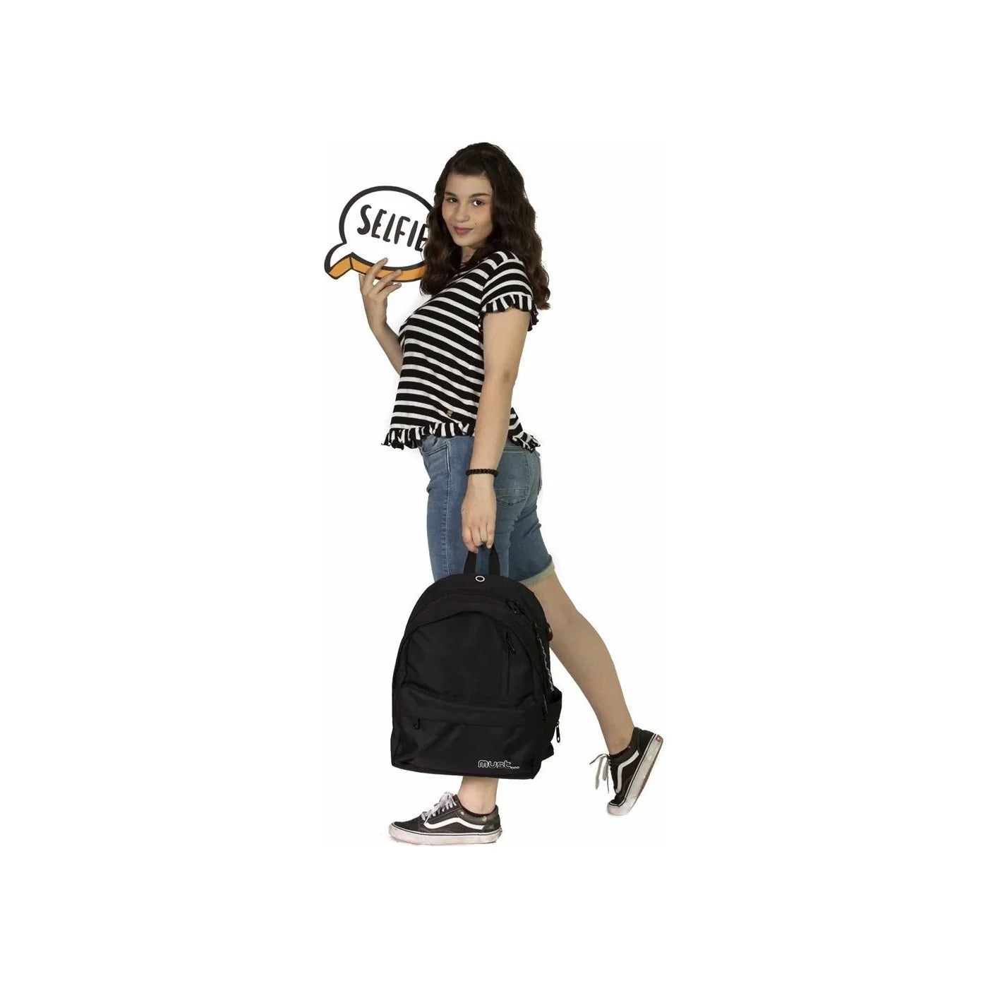 Black 43cm backpack with two compartments and MUST logo, worn over shoulder
