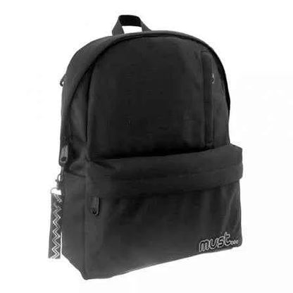 Black MUST monochrome backpack with front zip pocket and logo patch