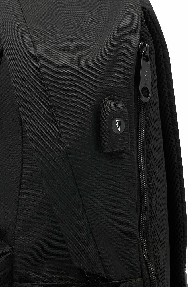 Black backpack side panel with zip, fabric texture, and round badge patch