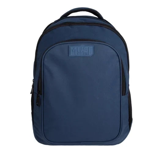 Dark blue backpack with front zip pocket, top handle, and small logo patch