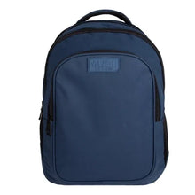 Dark blue backpack with front zip pocket, top handle, and small logo patch