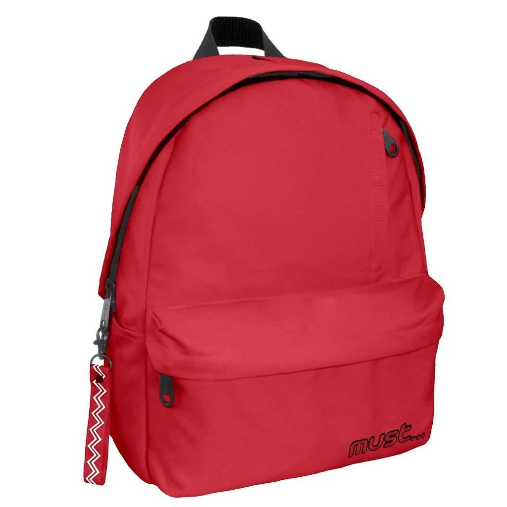 Red MUST backpack with front zipper pocket and adjustable padded straps