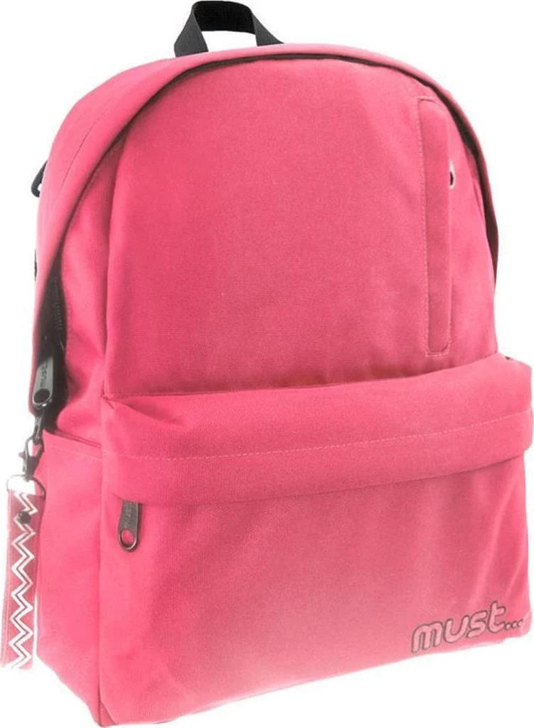 Light red backpack with front zip pocket, black trim, must logo