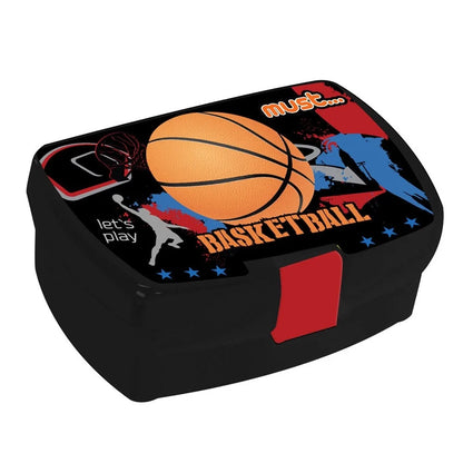 Basketball lunch box with black lid, orange basketball graphic, red MUST accents