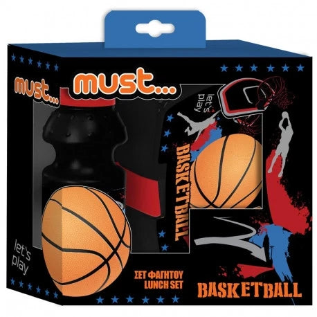 Basketball lunch box and water bottle set in box, black with orange ball artwork