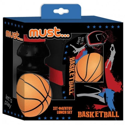 Basketball lunch box and water bottle set in box, black with orange ball artwork