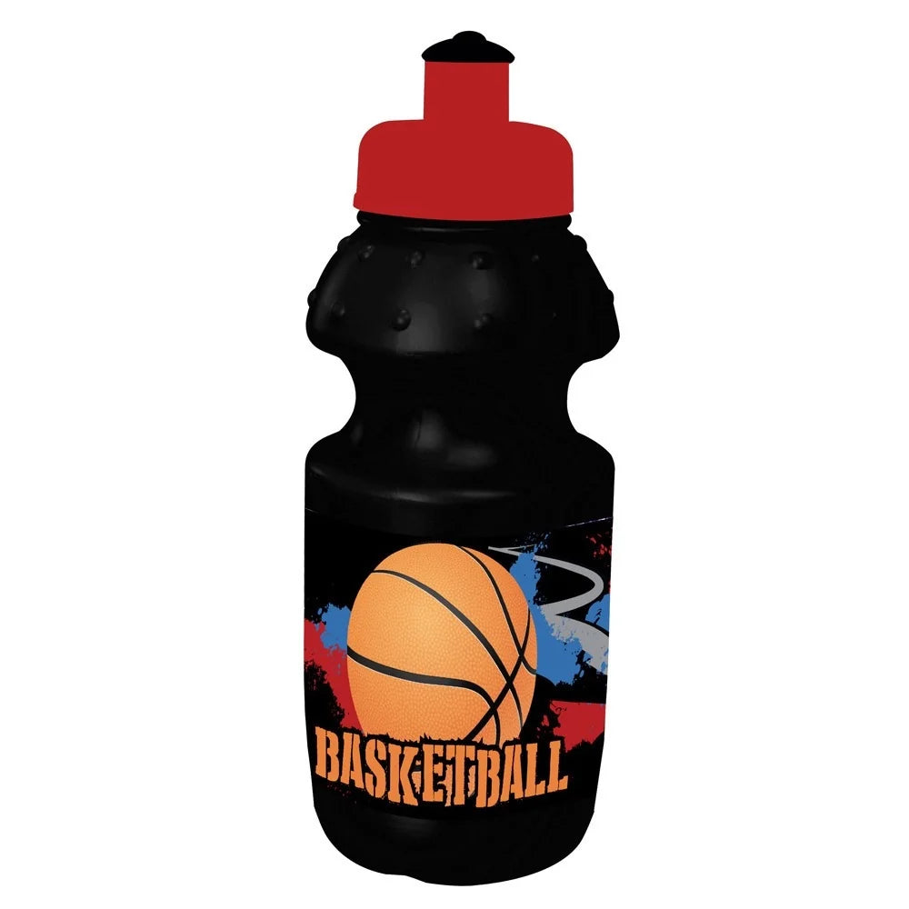 Basketball water bottle with red cap, black body, and orange basketball graphic