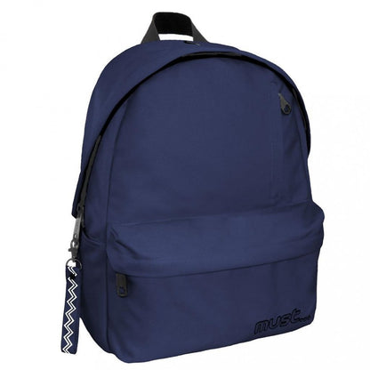 Navy backpack with front zip pocket, top handle, and MUST logo patch