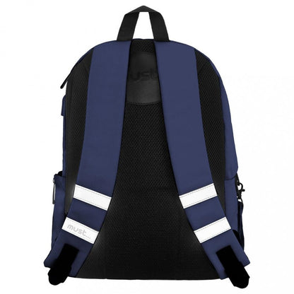 Navy backpack with padded mesh back, adjustable straps, and white accent straps