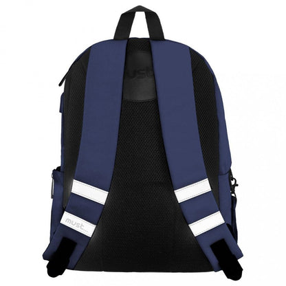 Navy backpack with padded mesh back panel, black straps, and white reflective stripes