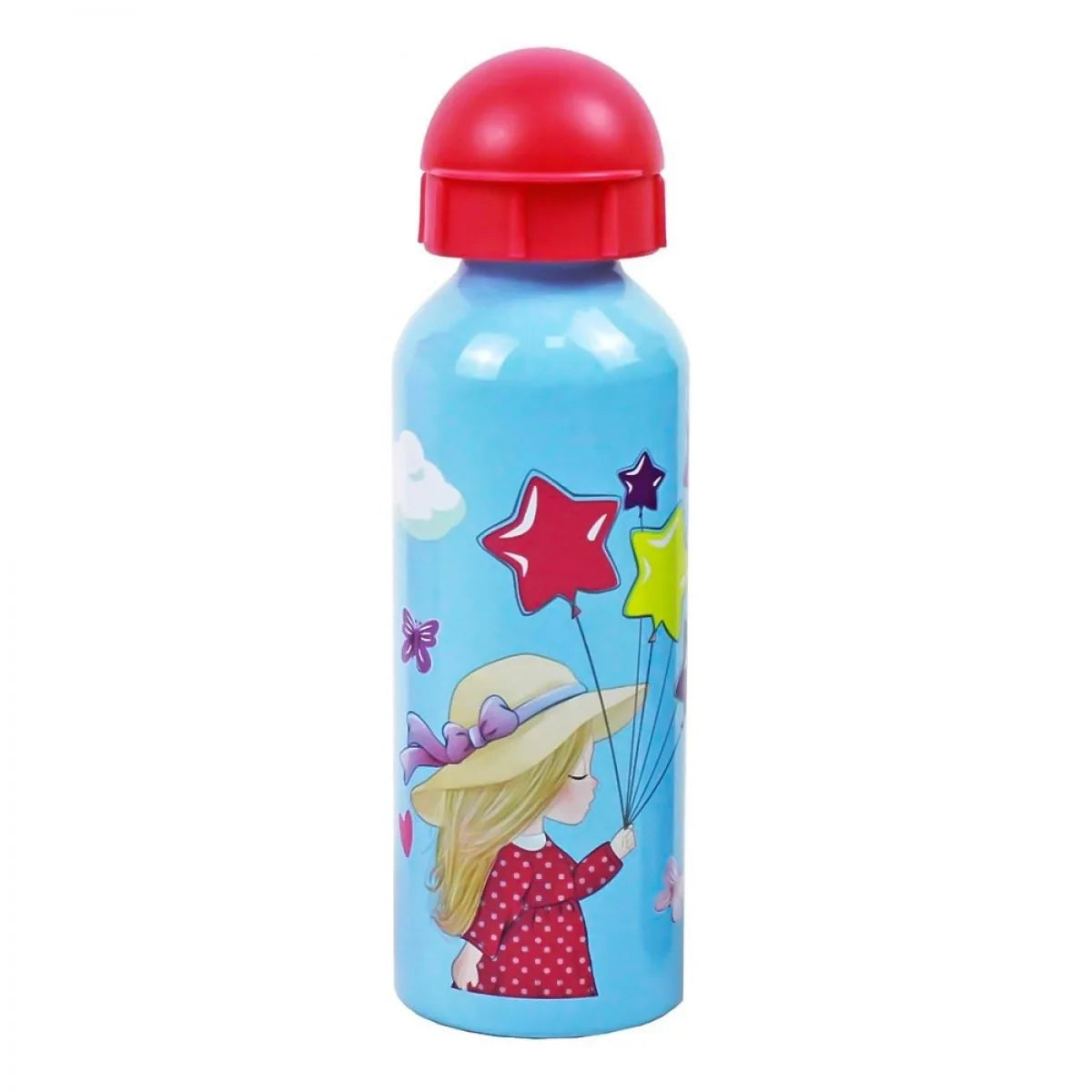 Light blue aluminum water bottle with red flip cap, fairy and star balloon print
