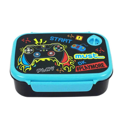 Blue lunch box with teal top, gaming controller graphic, front latch and handle