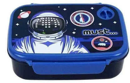Blue plastic lunch box with astronaut graphic and round vent detail on lid