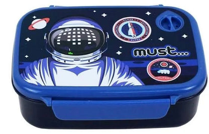 Navy lunch box with astronaut graphic on dark blue lid, front latch and round vent