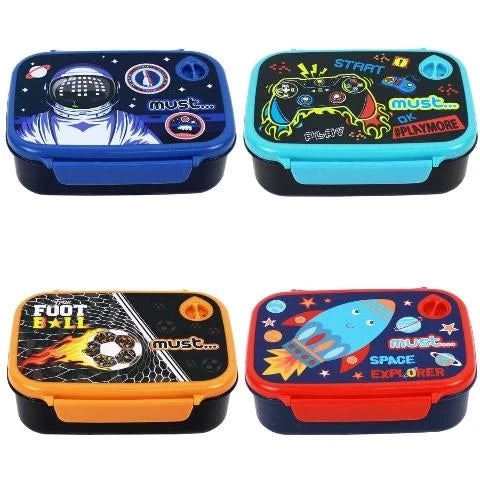 Four-piece lunch box set with space and gaming designs, assorted lid colors, front latches