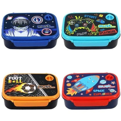 Four-piece lunch box set with space and gaming designs, assorted lid colors, front latches