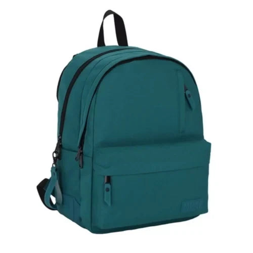 Monochrome green backpack with front zip pocket, top handle, and adjustable straps