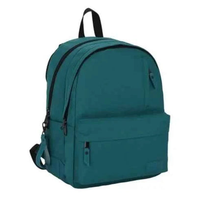 Monochrome green backpack with front zip pocket, top handle, and adjustable straps