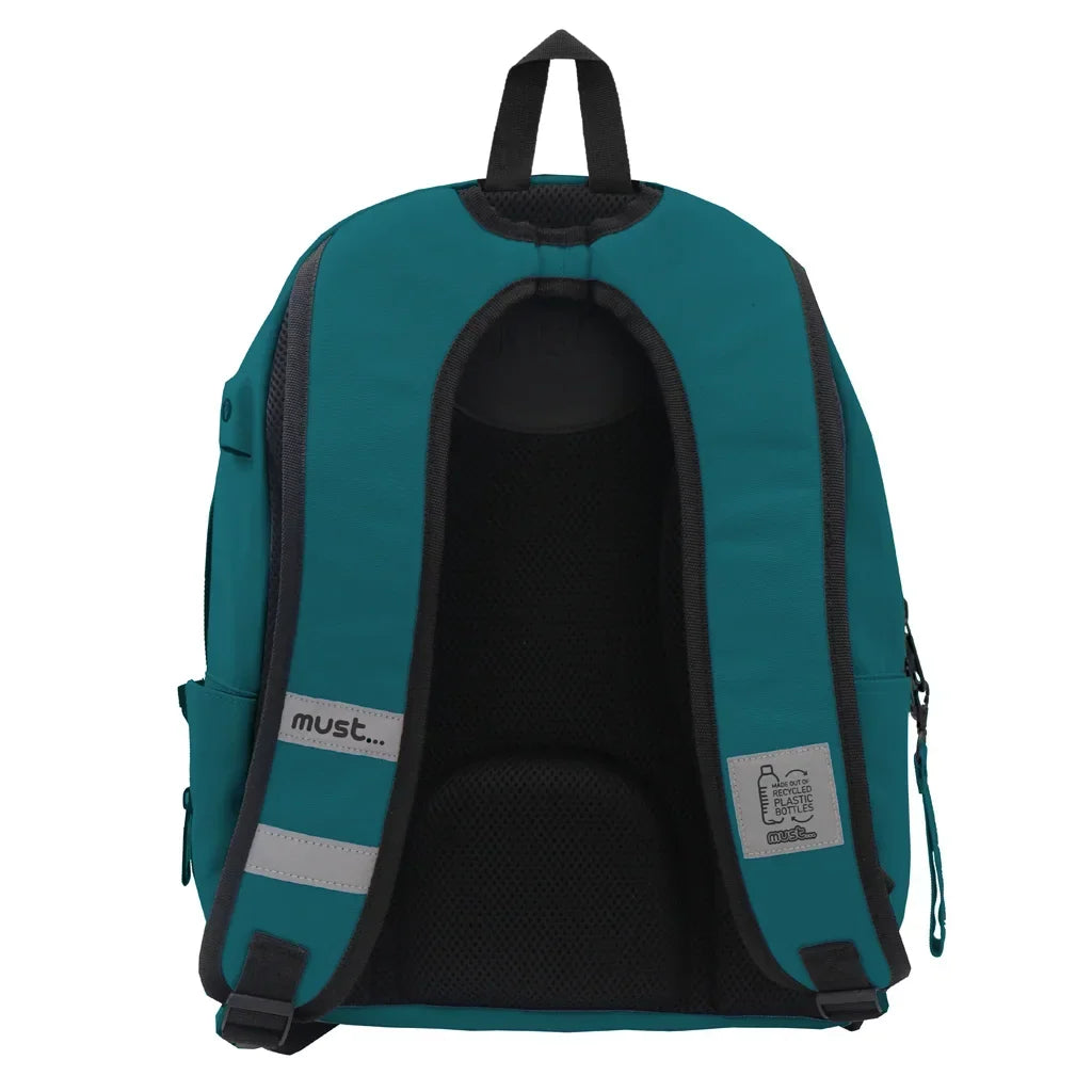 Teal backpack front view with black padded back panel and mesh storage pocket.