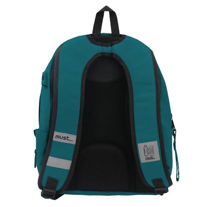 Teal backpack back panel with padded mesh, straps, and must... label