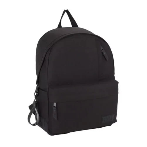 Black monochrome backpack with front zip pocket and adjustable shoulder straps