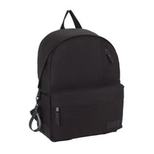 Black monochrome backpack with front zip pocket and adjustable shoulder straps