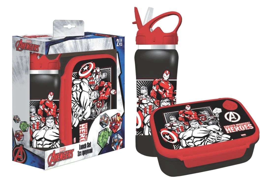 Avengers lunch box and water bottle set, red and black with superhero comic artwork