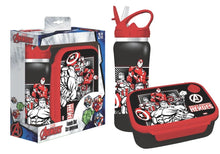 Avengers lunch box and water bottle set, red and black with superhero comic artwork