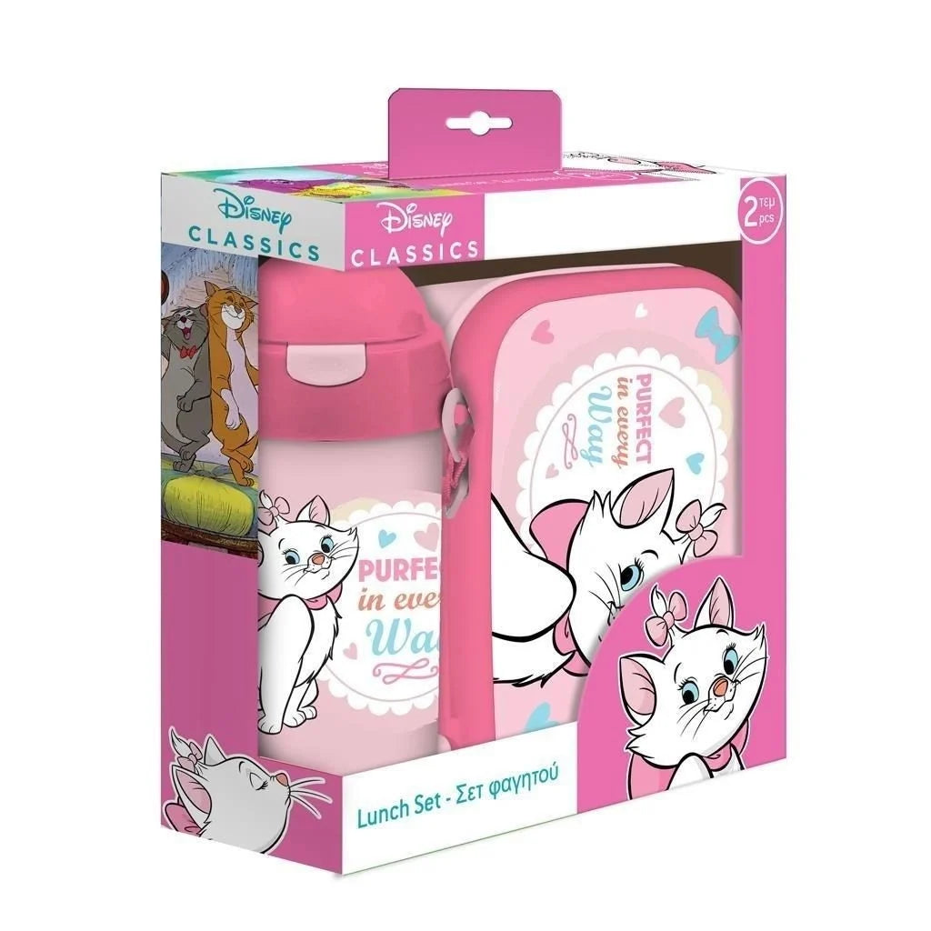Kids lunch box and water bottle set in pink Disney Marie-themed gift box