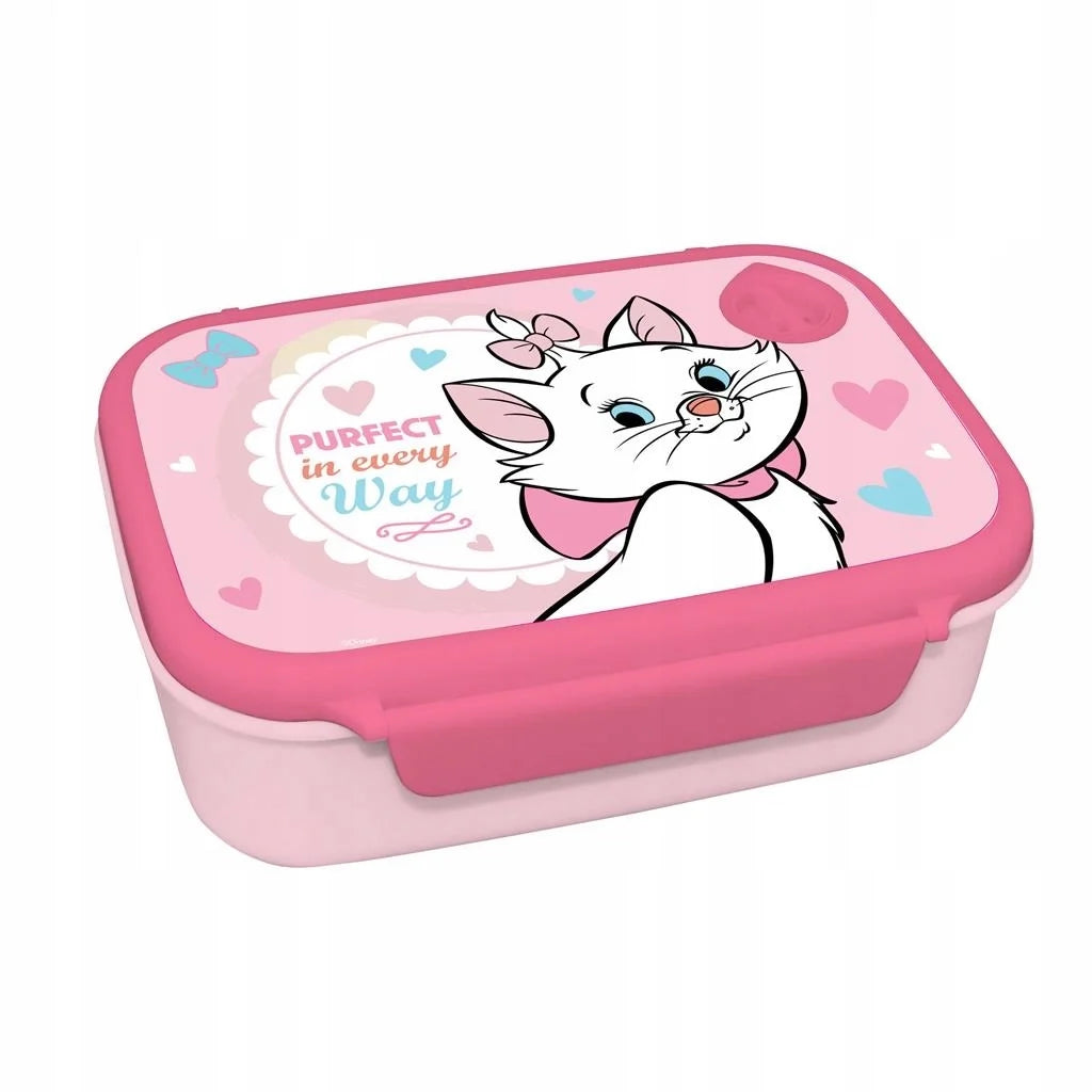 Pink Marie cat lunch box with heart and butterfly prints, hinged lid