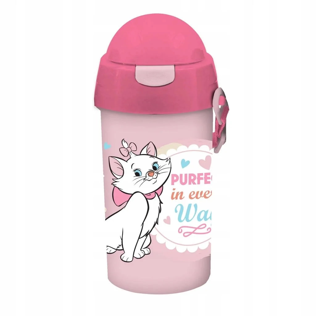 Pink Marie cat water bottle with flip-up spout and heart-and-flower graphic