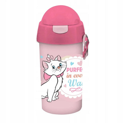 Pink Marie cat water bottle with flip-up spout and heart-and-flower graphic