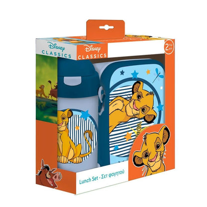 Lion King lunch box and water bottle set in retail package, blue and light design