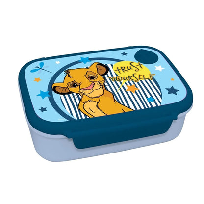 Lion King lunch box with dark blue lid and Simba graphic, star and striped accents