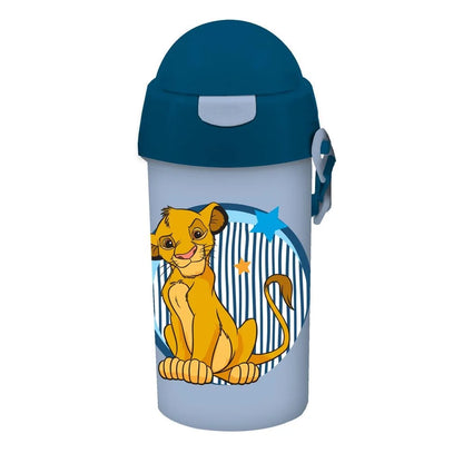 Lion King water bottle with dark blue flip-top lid and Simba artwork on light blue body