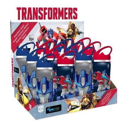Transformers-themed stainless steel water bottle set in retail display box