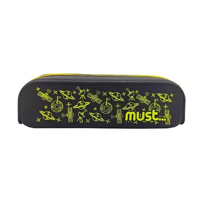 MUST silicone pencil case, black with yellow pattern and zipper top