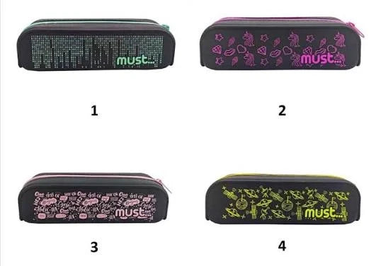 Assorted MUST silicone pencil cases, four colorful designs, zipper closure