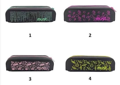 Assorted MUST silicone pencil cases, four colorful designs, zipper closure