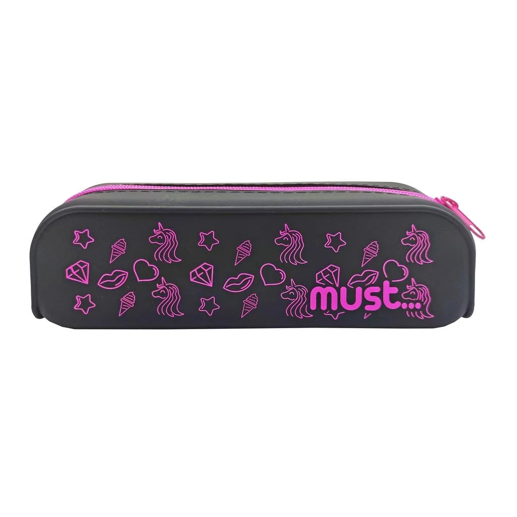 MUST silicone pencil case, black with pink symbols and zipper top