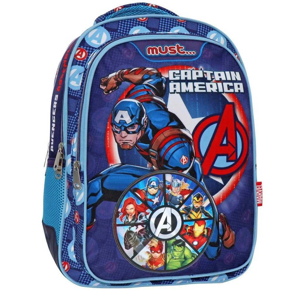Avengers 17-inch backpack in dark blue with Captain America team graphic and logo patch